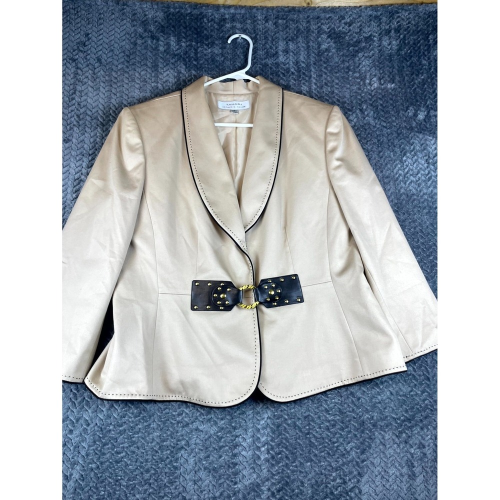 Tahari Arthur S Levine Blazer Jacket Womens 16 Tan Gold Shawl Lapel Belted 6134